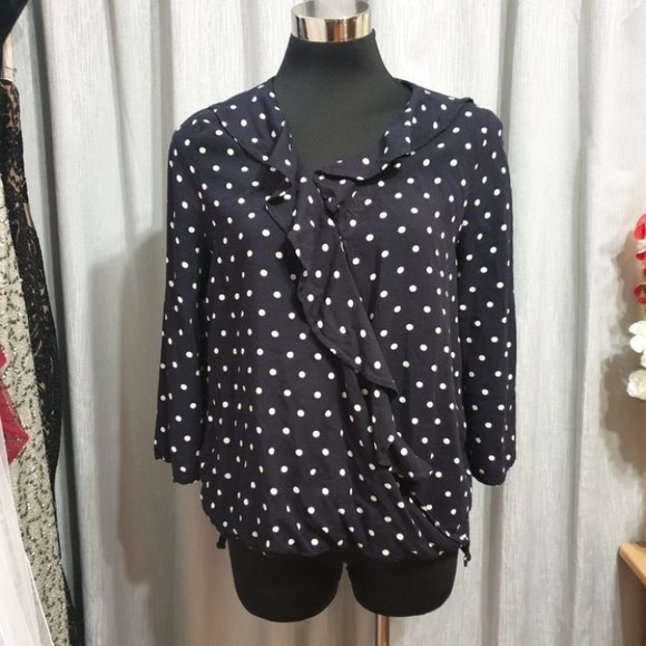 SEED HERITAGE AU-10 Dark Navy Blue/White Long Sleeve Top Polka Dot Ruffled Front - Picture 5 of 12